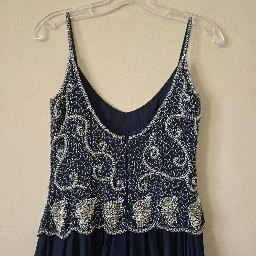 BLACK TIE OLEG CASSINI Elegant Navy Blue Beaded Dress 100% Silk Size 6 Glam Prom